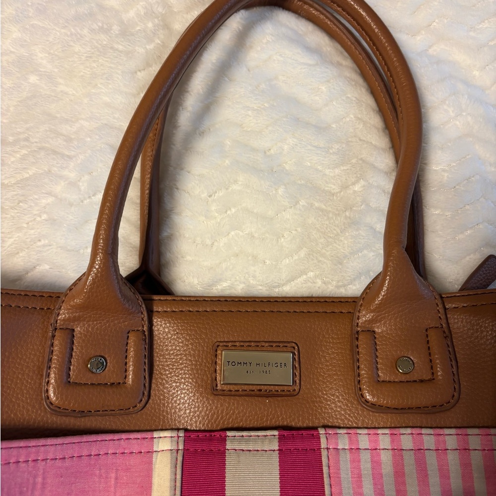 Tommy Hilfiger Pink and Brown Plaid Tote - Picture 7 of 9